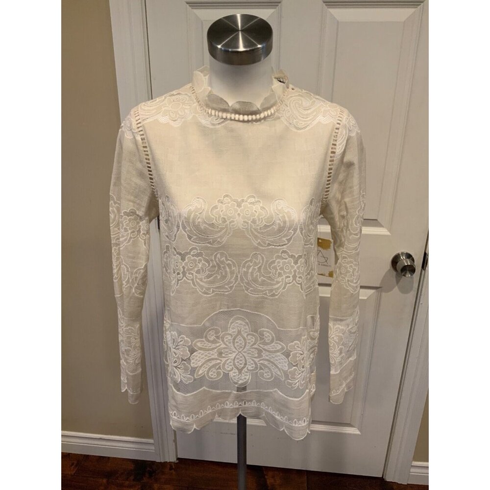 James Coviello Sheer Ivory Shirt W/ White Floral Lace Detail, Size 4, NWT!